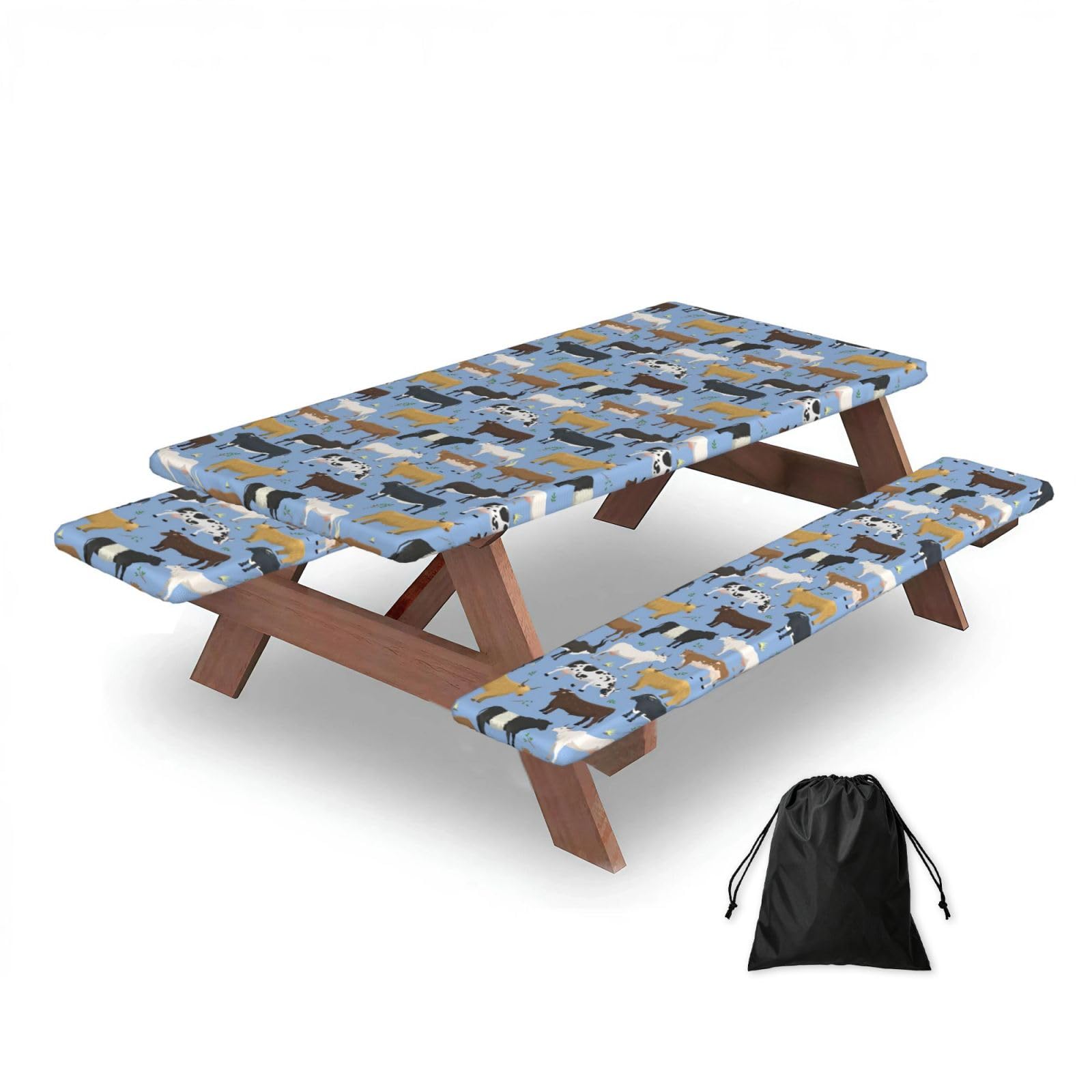 Dopklna As Picture Set Of Bulls And Cows Farm Animal Cattle Mammal, Picnic Table Cover With Bench Covers -Waterproof Elastic Fitted Tablecloth For Garden Camping Patio 76X152cm