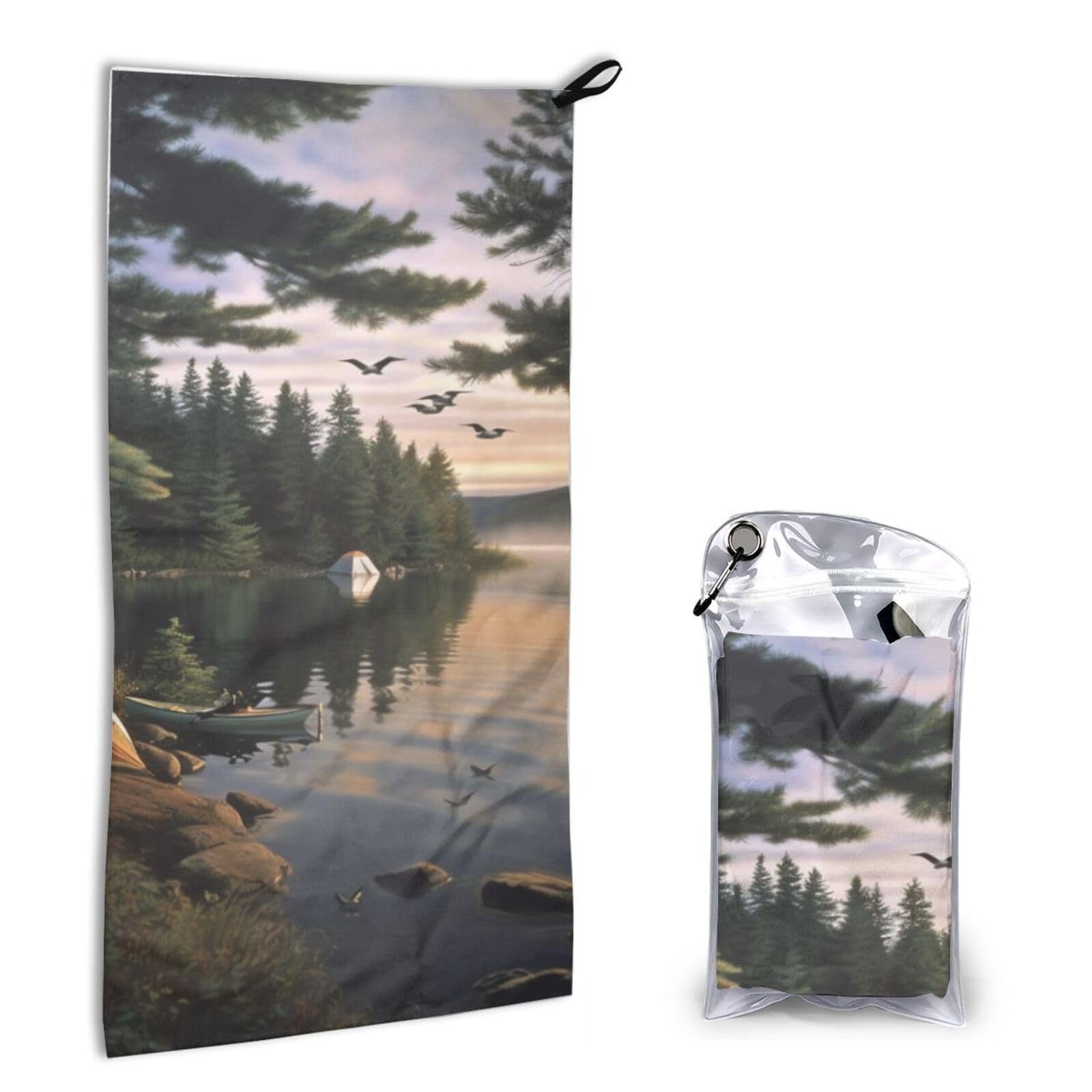 BWWHCCTI Quick Dry Hand Towel With Bag - Camping Lake Printed Super Absorbent Face Cloth Microfiber Travel Sports Towels 40x80cm
