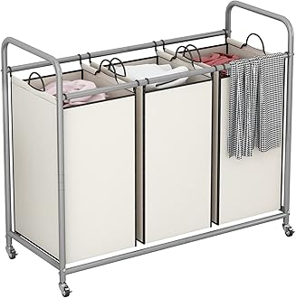 3-Bag Laundry Sorter,Laundry Hamper Cart with Heavy Duty Rolling Lockable Wheels and Removable Bags (Beige)