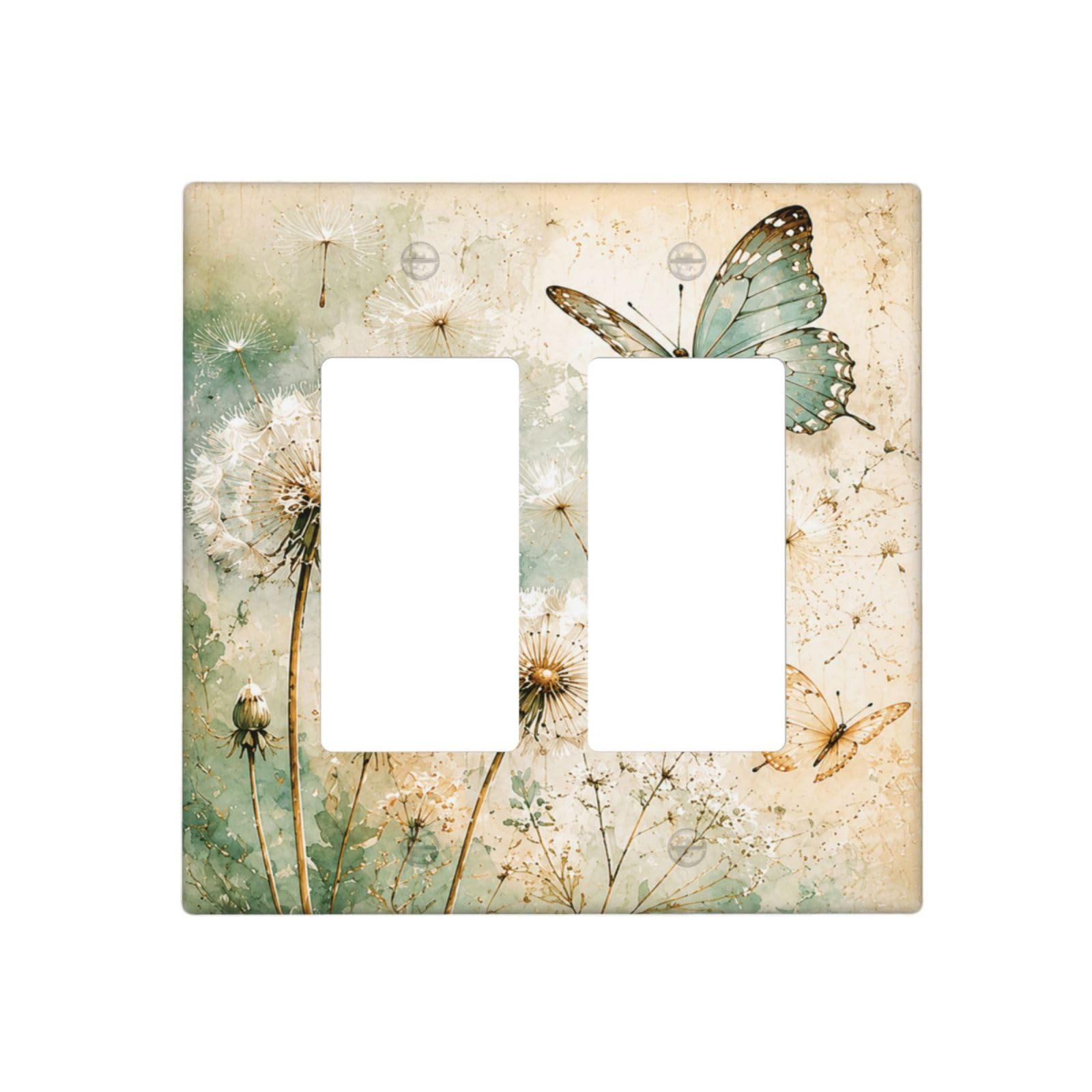 Xuejiaku Decorative Outlet Covers Watercolor Dandelion & Butterflies 2 Gang Light Switch Cover Plate Double Rocker Wall Plate Rustic Green Floral Gfci Switchplate Faceplate for Farmhouse Home Decor