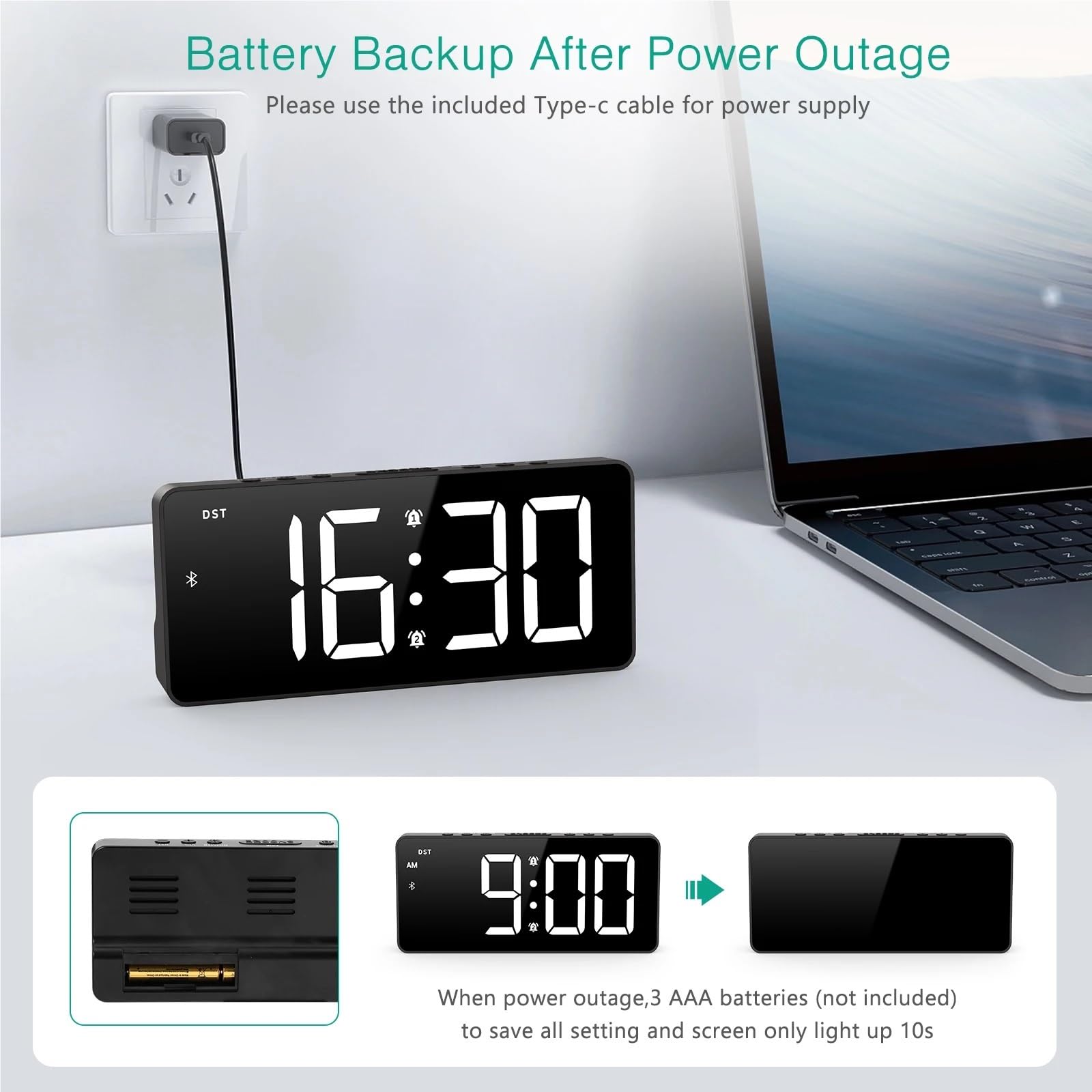 ORIA Digital Alarm Clock 7'' LED with Bluetooth Sync Time Bedside Auto for Home Office Use