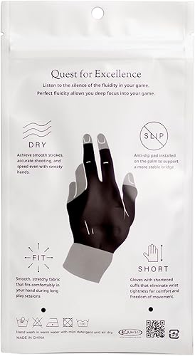 Miniatura 5 de Kamui - Guante de billar negro para mano izquierda o derecha, tela de secado rápido, palma antideslizante, dedos abiertos, puño corto