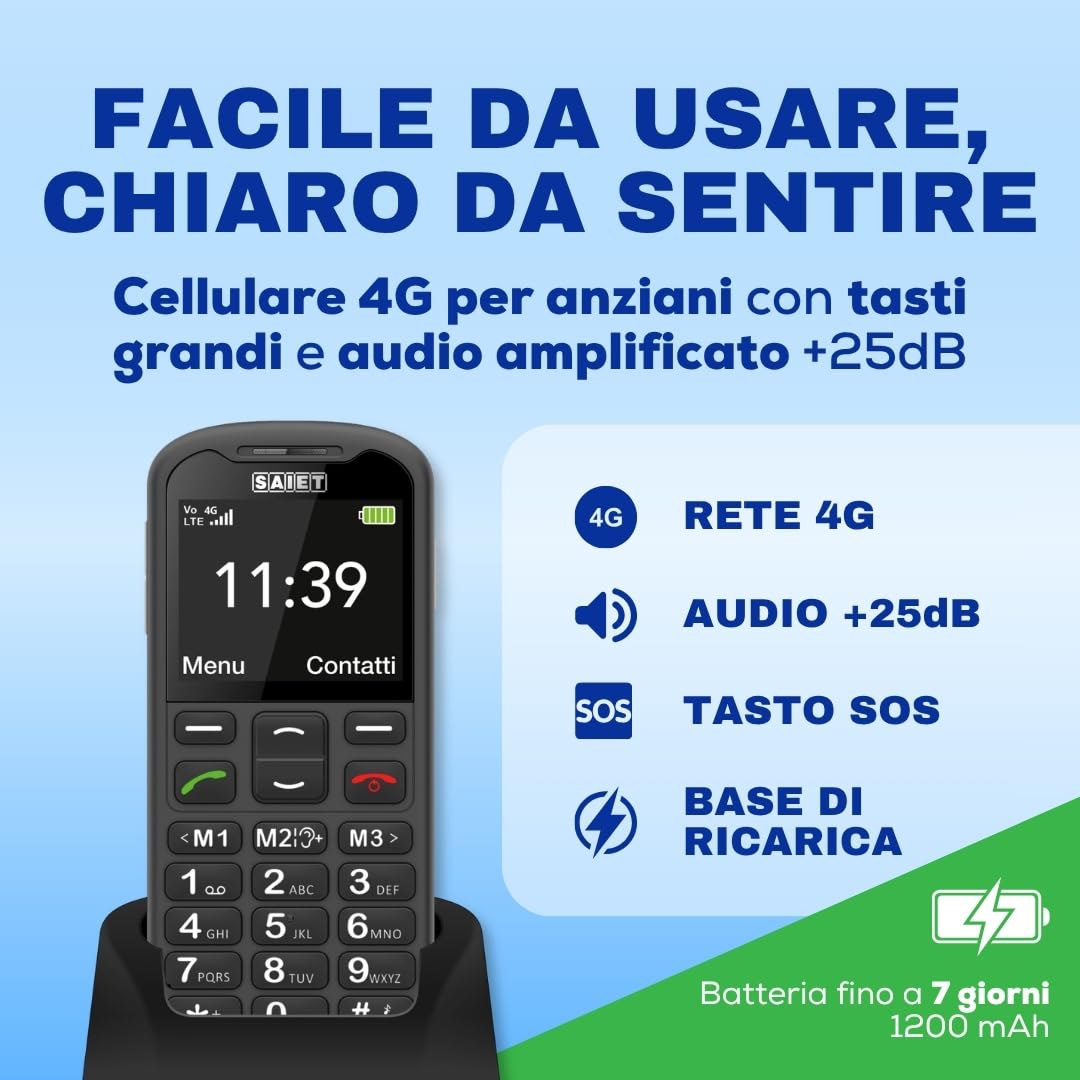 SAIET Next 4G Cellulare per Anziani con SOS, Tasti Grandi e Audio Forte | Telefono 4G VoLTE con Tasto SOS a 5 Numeri, Foto Contatti e Base di Ricarica, Display 2.2 a Caratteri Grandi - Nero