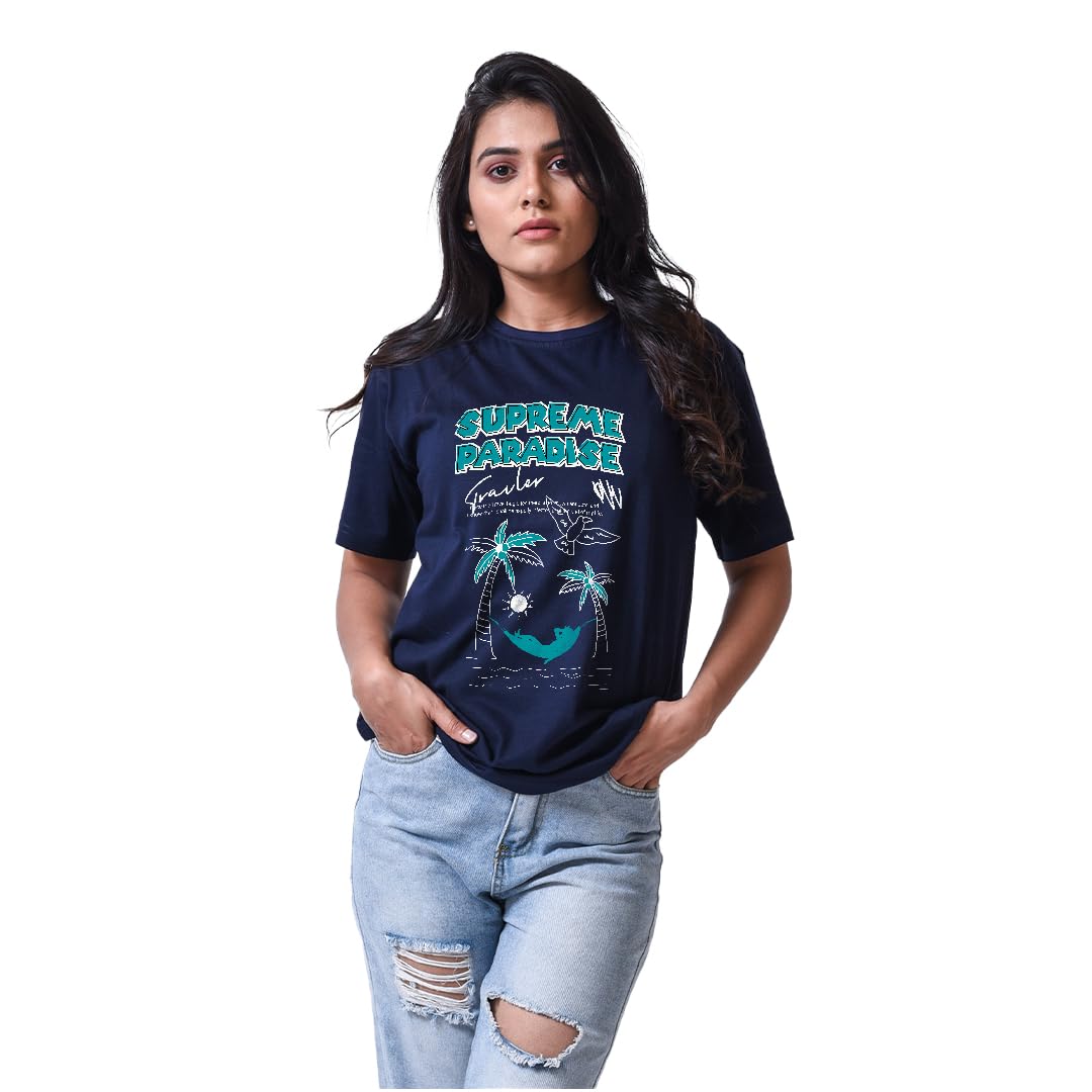 BLOOPERSWomen Supreme Paradise Navyblue Half Sleeve Roundneck Cotton Blend T-Shirt