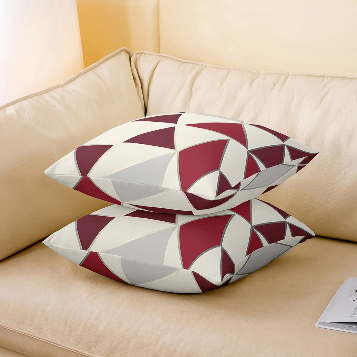 Homemissing Juego de 4 fundas de cojín geométricas beige de 45 x 45 cm, fundas de almohada de arte abstracto, diseño moderno de líneas rojas vino para sofá, cama, silla, adultos y niños, patrón