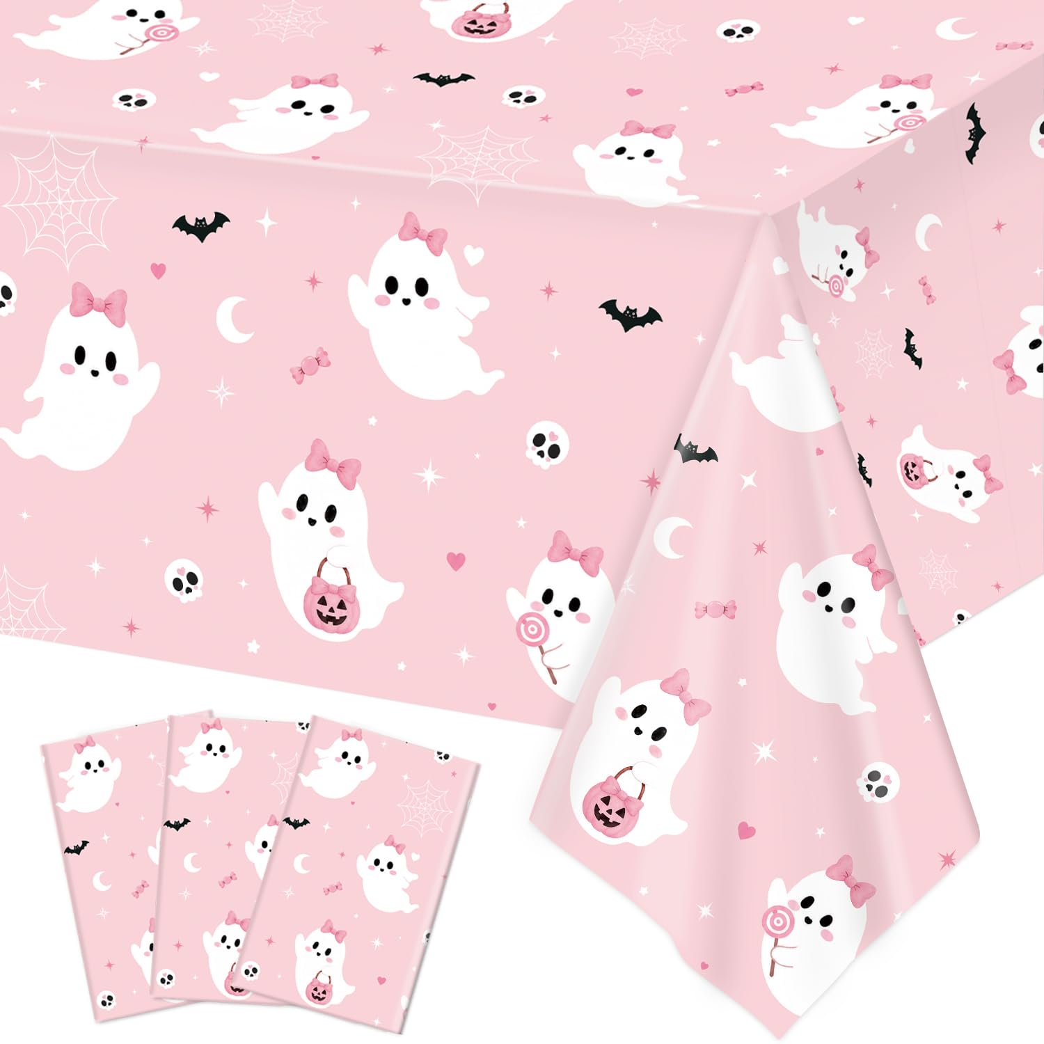 LINHAXM 3 Pack Pink Halloween Tablecloth, Cute Ghost Halloween Disposable Plastic Table Covers for Halloween Birthday Baby Shower Decorations, 54 x 108 Inches