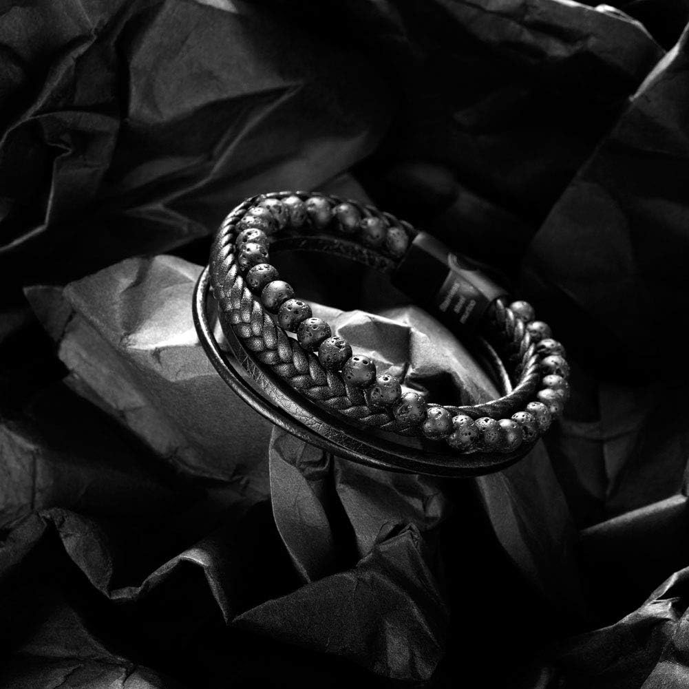 Speroto New Mens Bracelet Bead and Leather Braided, Lava and Onyx Bead Leather Bracelet for Men