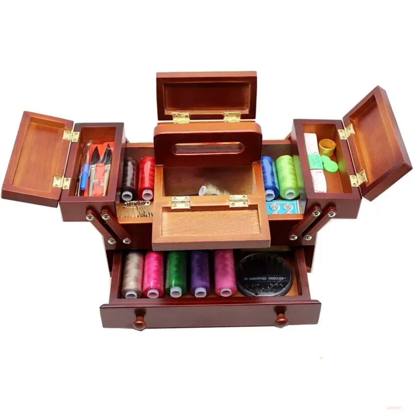 Naturholz-Nähkasten, Polyester, Nähgarn, Handarbeiten, Stricken, Patch-Organizer, Aufbewahrungsbox, Nähkoffer mit Zubehör Nähkasten Holz
