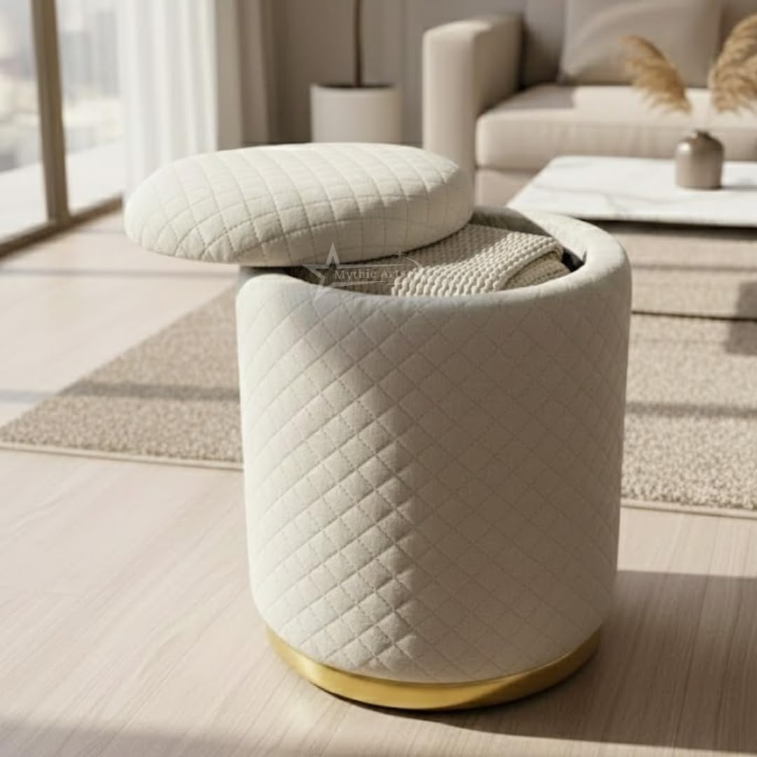 Mythic Arts Premium Round Storage Ottoman Stool 16 X 16X 19 inch, with Gold Metal Base | Luxury Pouffe with Hidden Storage | Cushioned Footrest for Living Room, Bedroom & Lounge Cream