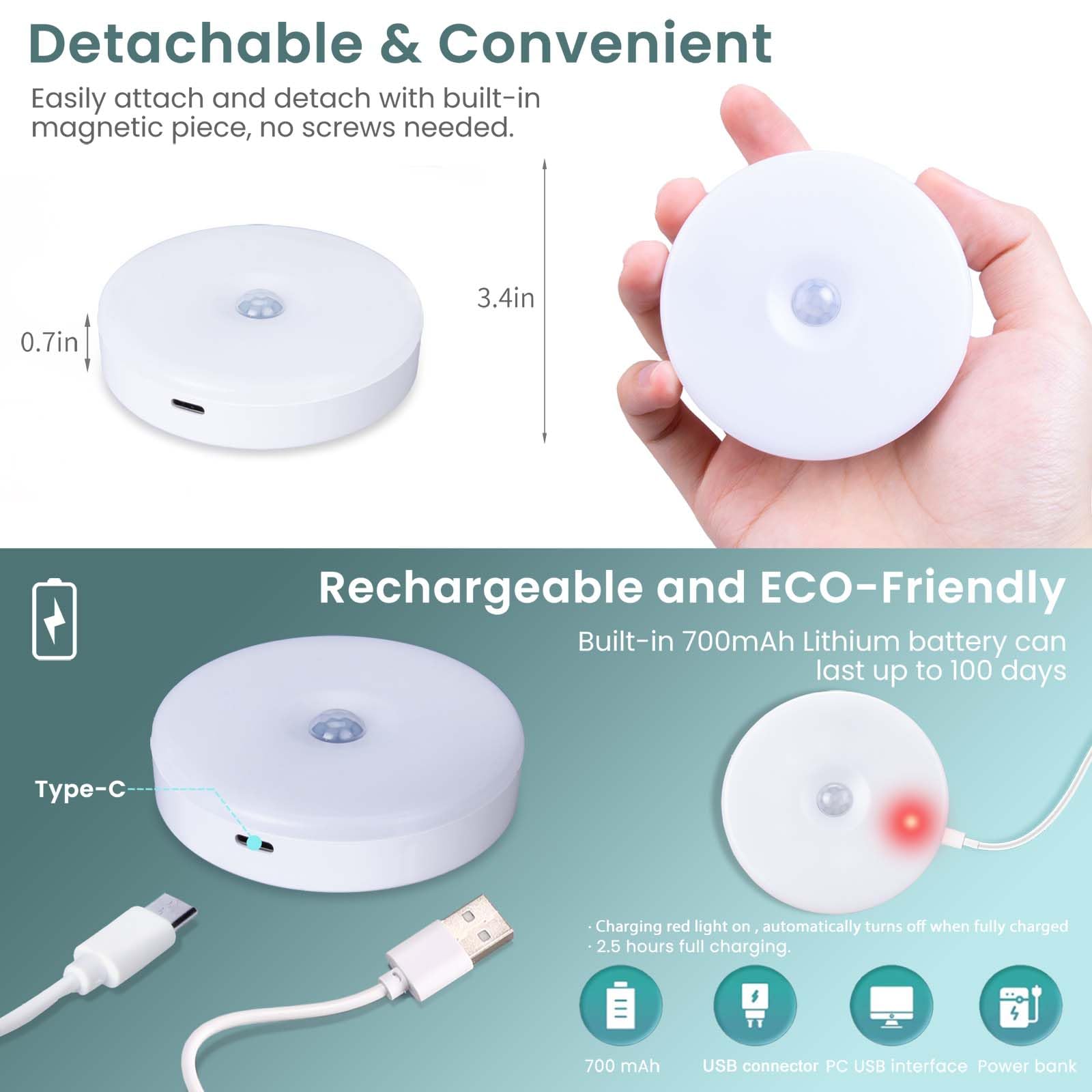 innolife 6 Stück Nachtlicht mit Bewegungsmelder Innen, 10 LED Dimmbar Treppenbeleuchtung mit 3 Modi (Auto/ON/OFF), 6000K USB Aufladbar Akku betrieben Bewegungsmelder Licht für Tre, Kinderzimmer, Flur