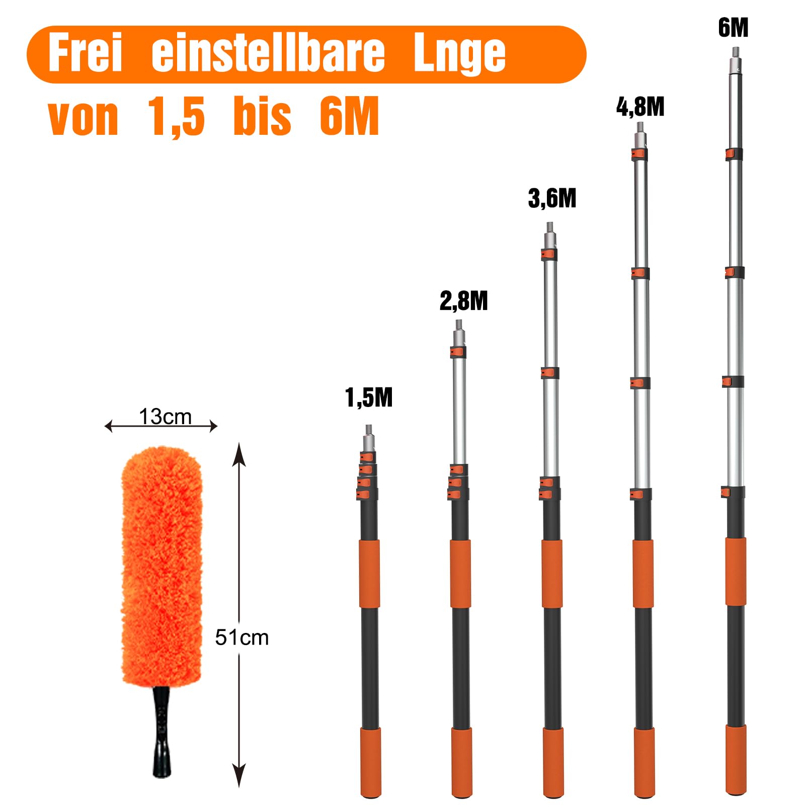 LAANPOLE 6M Staubwedel Teleskop Waschbar, Spinnwebenbesen mit Teleskopstiel, Staubwedel lang mit austauschbarem Reinigungstuch zum Reinigen von Deckenventilatoren, Decken, Lücken