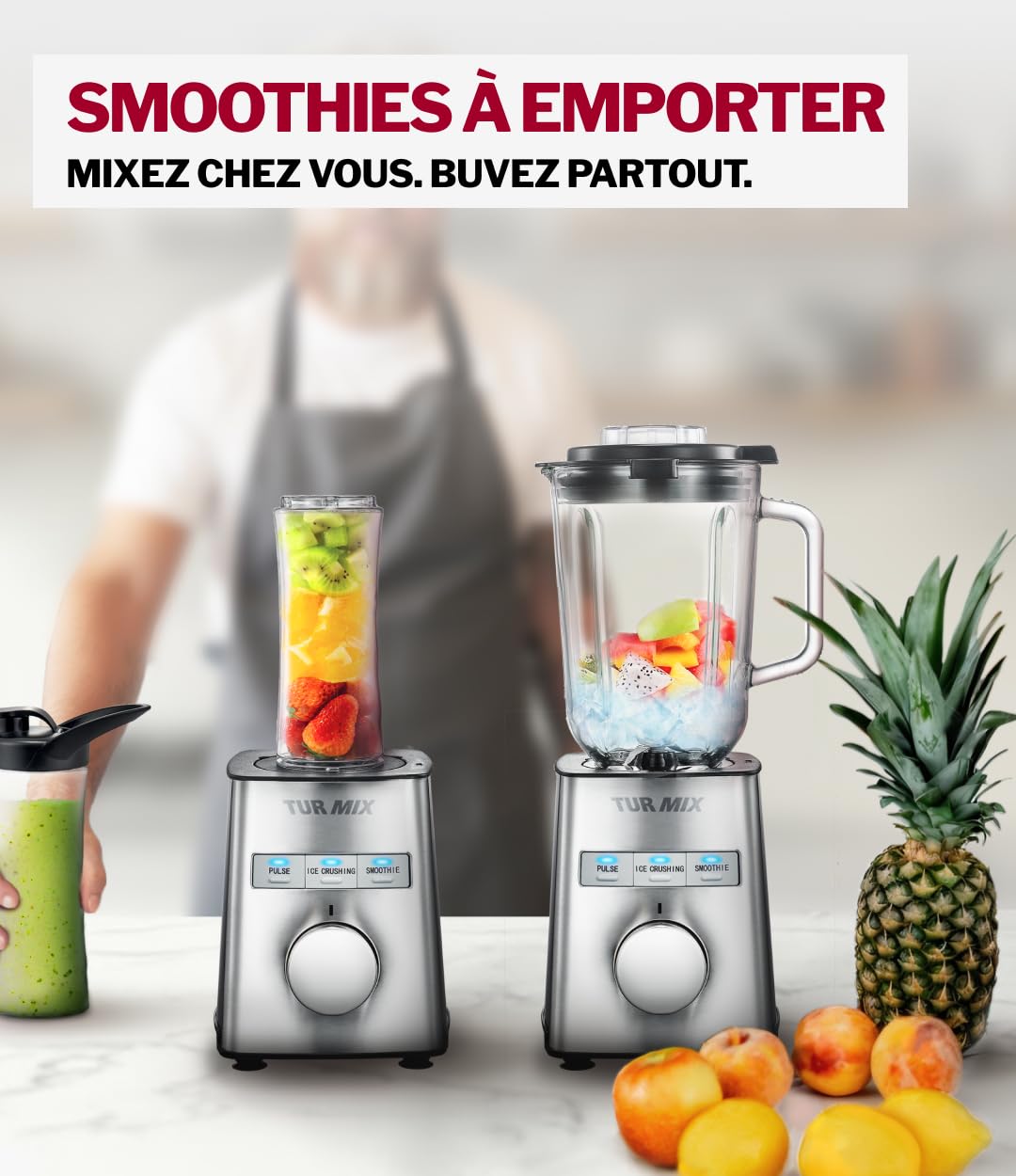 Turmix Mixeur sur socle haute performance CX 750 – 1000 W, couteau en acier inoxydable à 6 lames, smoothie maker & mixeur verre 1,5 L, gobelet à emporter, fonction continue & pulse