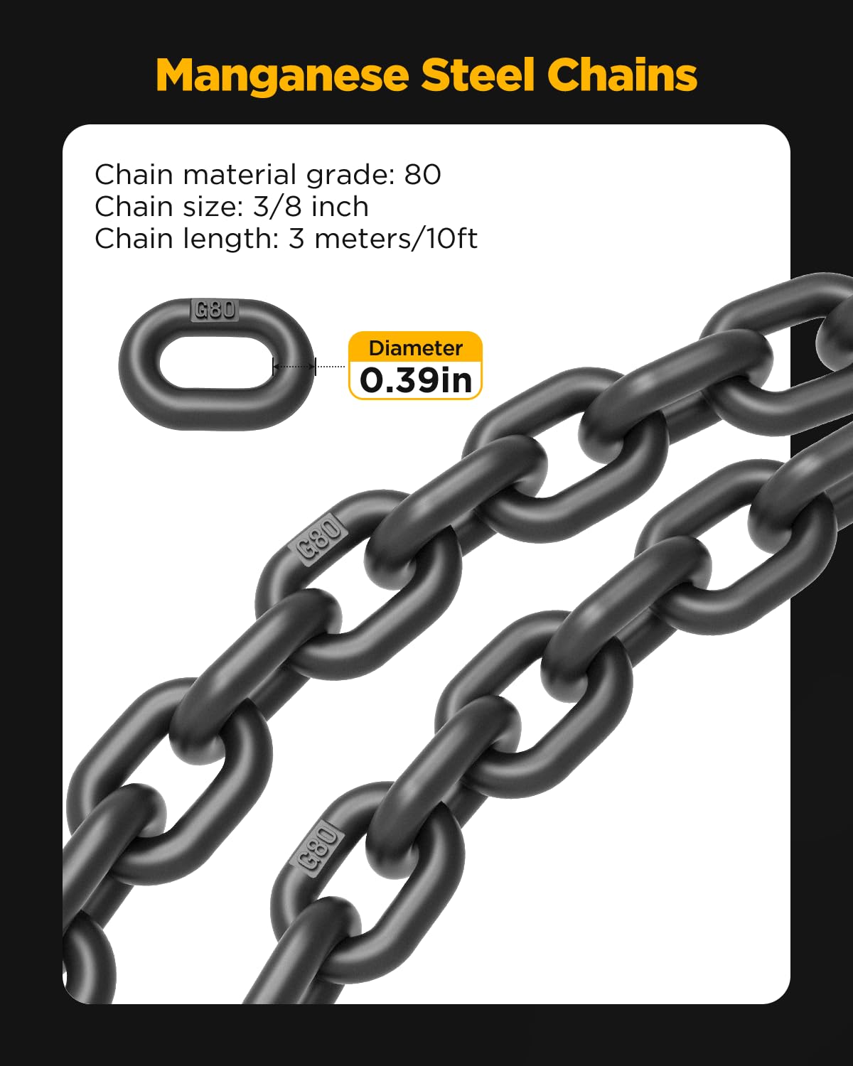 Cadenas de elevación resistentes con ganchos ajustables, 3/8 pulgadas x 10 pies, carga máxima de 7500 libras, eslingas de cadena de doble pierna para polipasto de motor industrial (modelo mejorado)
