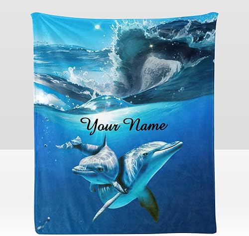 Cuxweot - Manta personalizada con texto de nombre diseño de delfines subacuáticos supersuave manta de forro polar para sofá cama 50 x 60 pulgadas