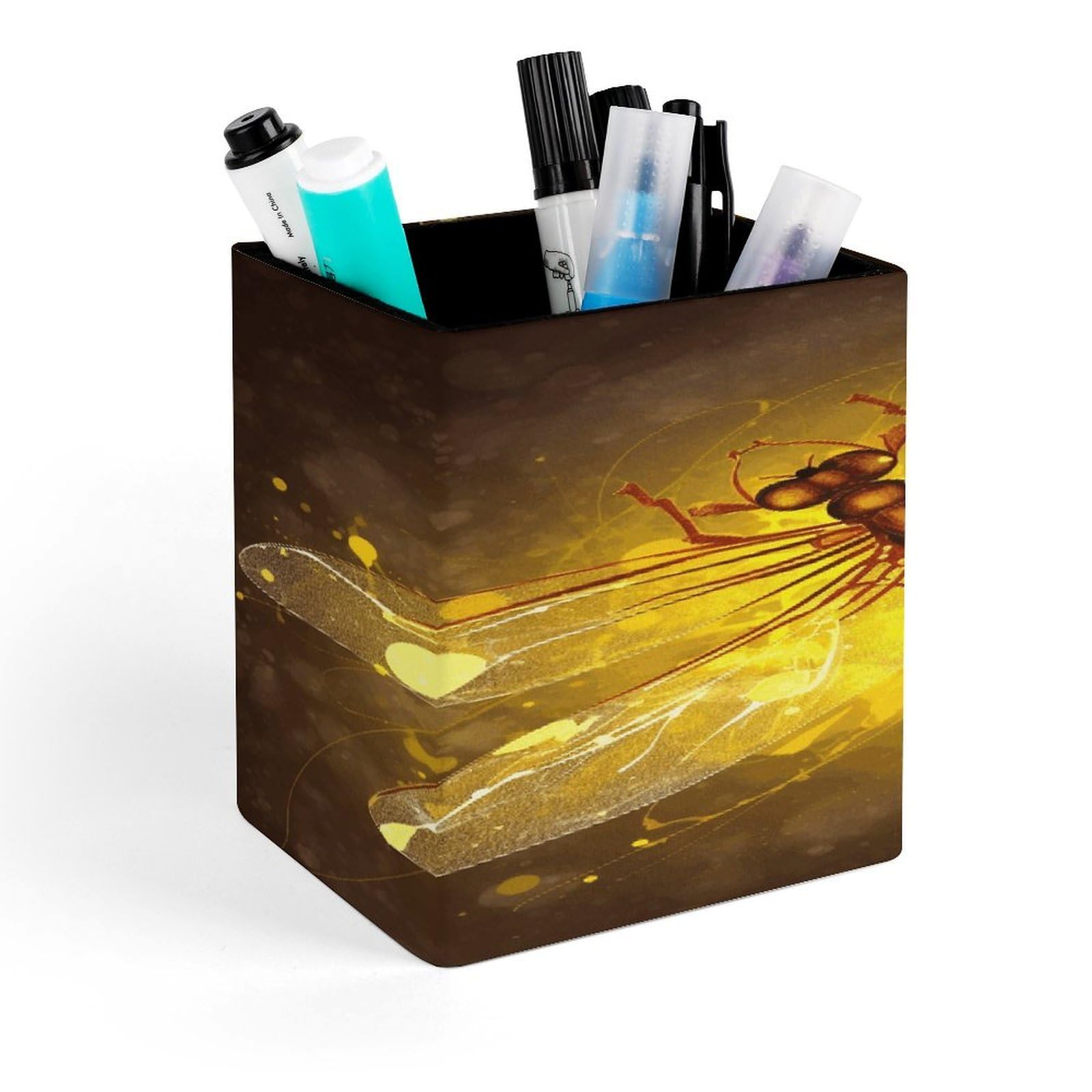 FekiLoot - Abstract Yellow Dragonfly Pen Holder Customizable Office Accessories Square Container Box Pen Cup Desk Organizer Holder
