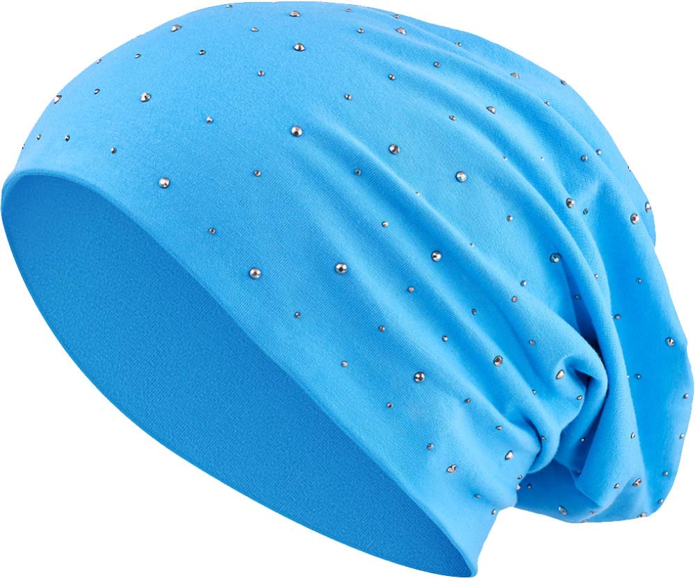Balinco Jersey Cotton Elastic Long Slouch Beanie Unisex Men Ladies with Rhinestone Star Stones Hat Heather in 35 (7) (Turquoise)