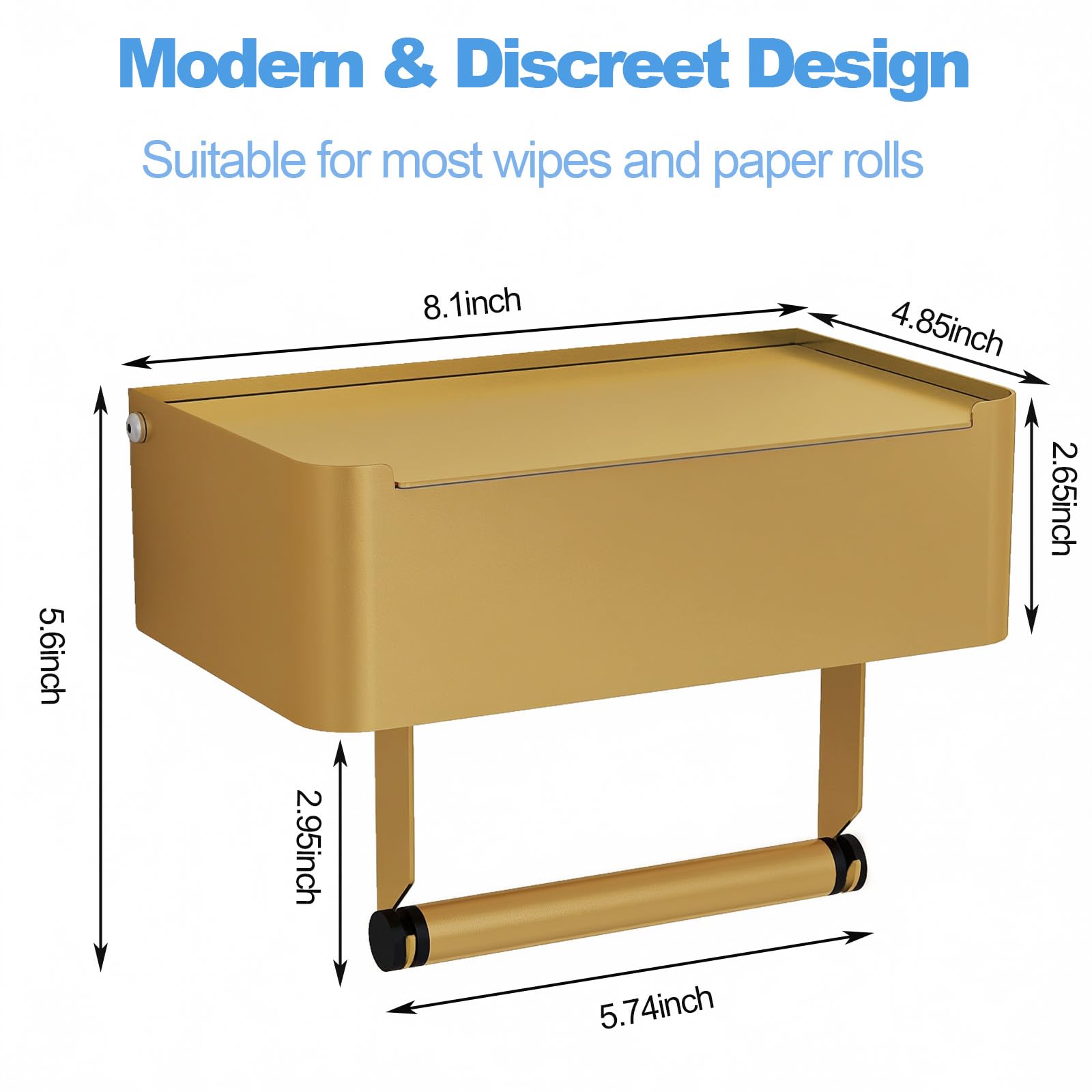 Caja para toallitas húmedas y papel papel higiénico Gypie sin taladrar, soporte dorado y acero inoxidable