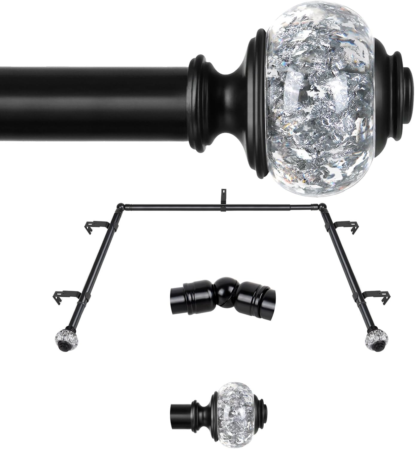 7/8 Inch Black Curtain Rods for Windows 32 to 58 Inches with Bling Finials and 3/4 Inch Black Bay Window Curtain Rods for Windows 48 to 84 Inches