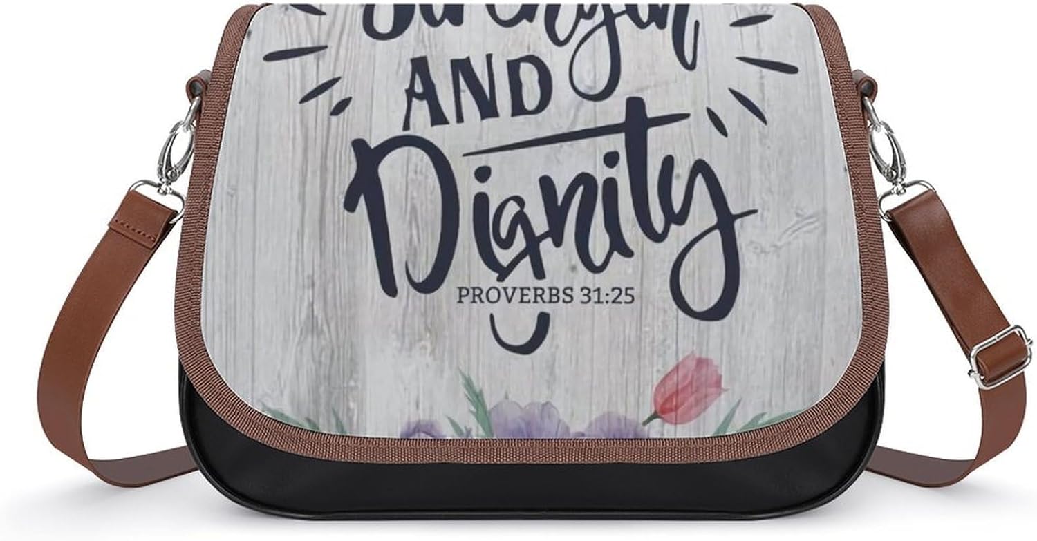 She Is Clothed in Strength And Dignity Proverbs 31 25Women's Faux Leather Crossbody Bag, Waterproof Wrinkle-Resistant Shoulder Bag with Detachable Strap, Large Capacity Casual Handbag, Fashion Daily P