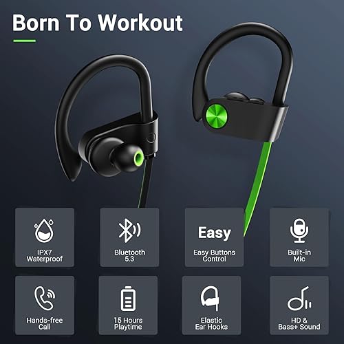 Miniatura 2 de Vrifoz Auriculares Bluetooth, IPX7 impermeables, inalámbricos, deportivos, para entrenamiento, gimnasio, 12 horas de reproducción con micrófono de