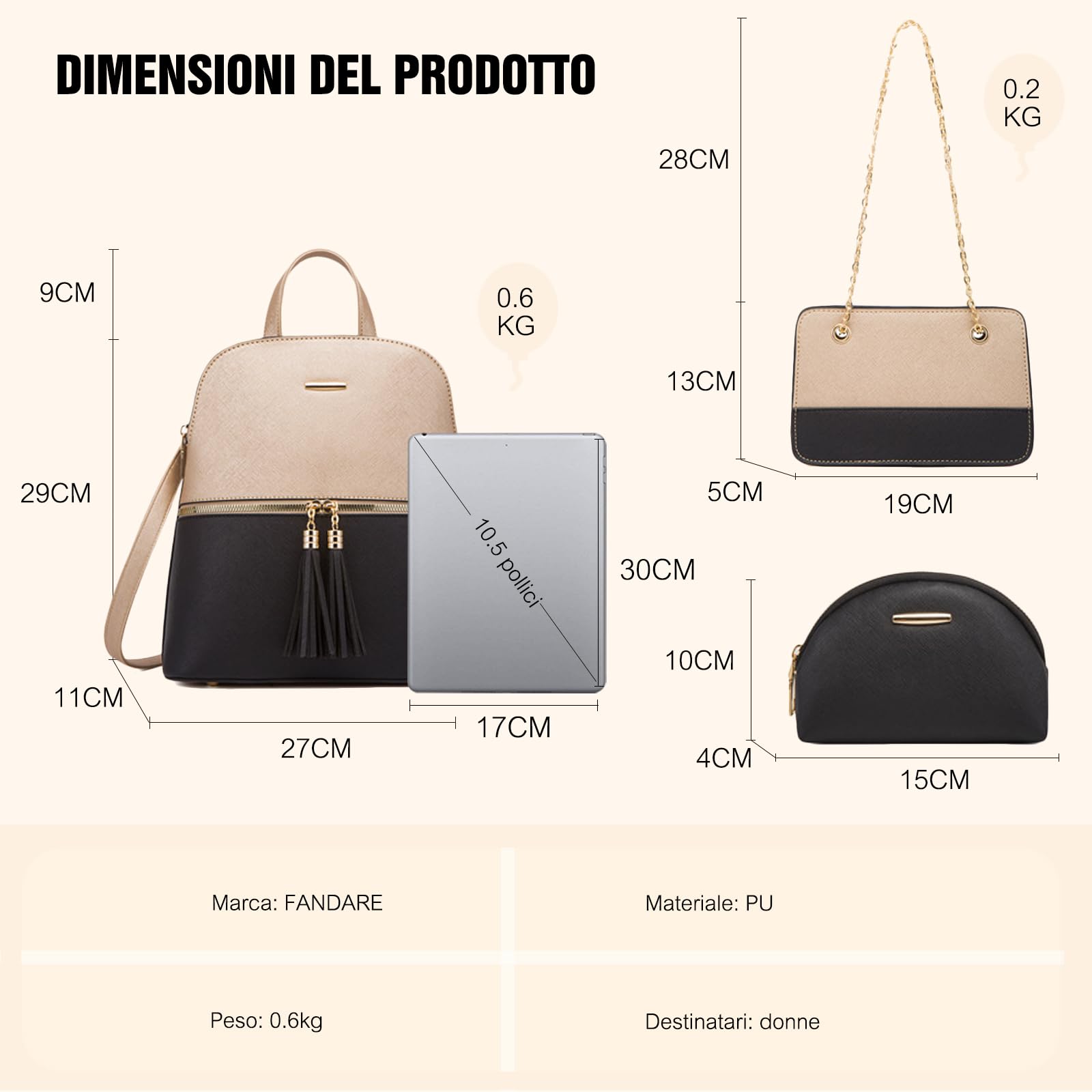 FANDARE 4 pezzi Set Nappa Borsa a Mano con Pochette e Clutch Borse a tracolla Portafoglio Zaino Donna Zaini PU Pelle Spalla Borse Tote Pochette Messenger per Shopping Viaggio Sacchetto Borsetta