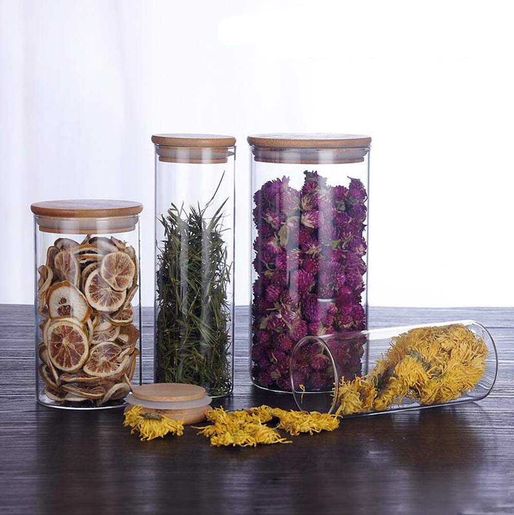 2 recipientes vacíos de vidrio transparente grueso para el hogar, cocina, almacenamiento de alimentos, ollas con tapas de madera herméticas, botellas herméticas para café, granos, té, azúcar, 3