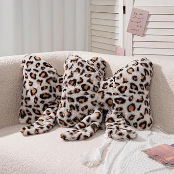 Leopard Print Throw Pillow Furry Bow Plush Pillows Cute Flower Plush Pillow Cheetah Home Decor Stuffed Bow Lumbar Pillow for Bed Couch Living Room Decor White-B, 16in