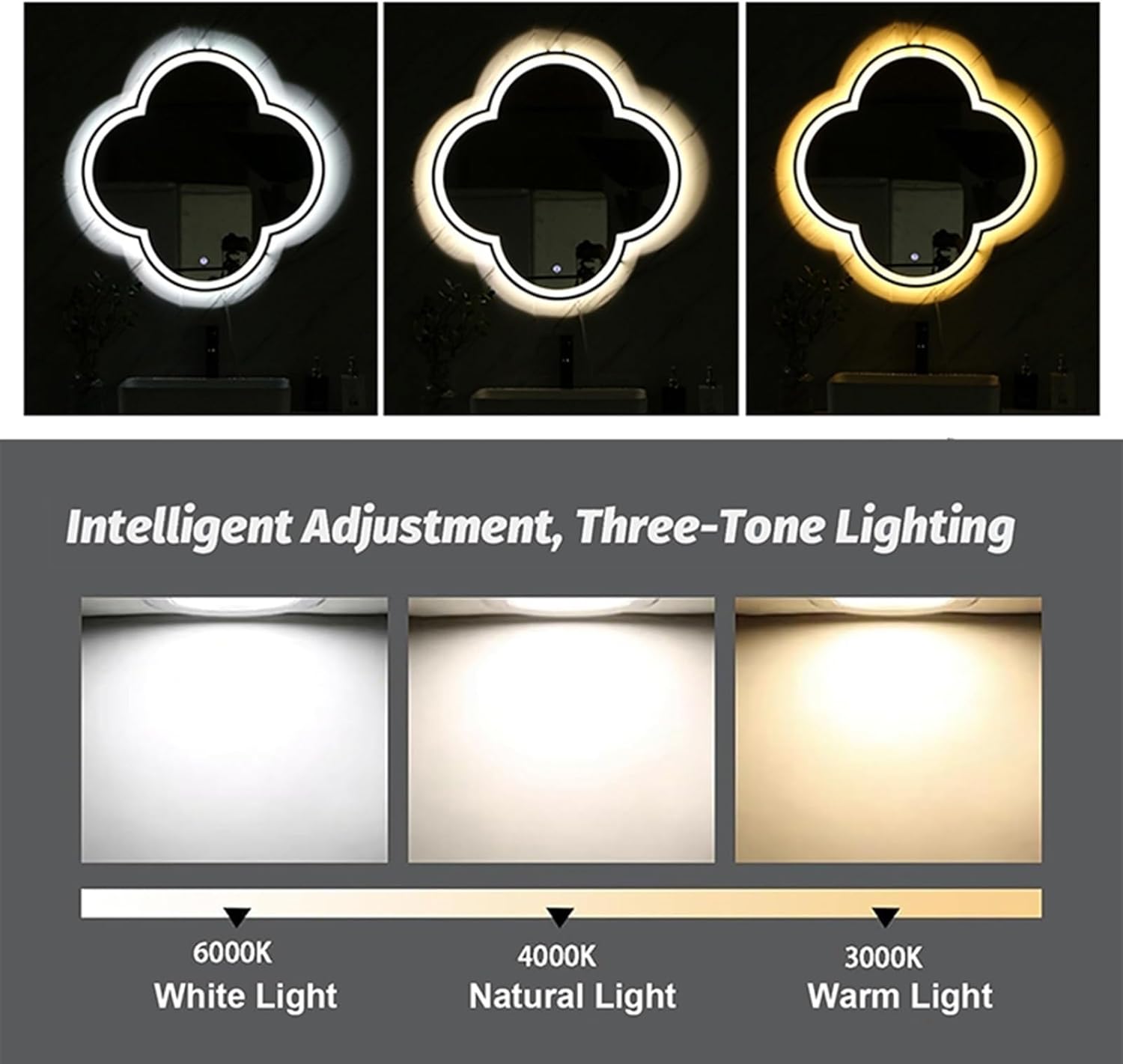 壁装飾用LEDミラー四つ葉のクローバーの鏡 家の装飾用のアルミフレーム照明付きバスルームミラー(Gold,50cm/19.6in)