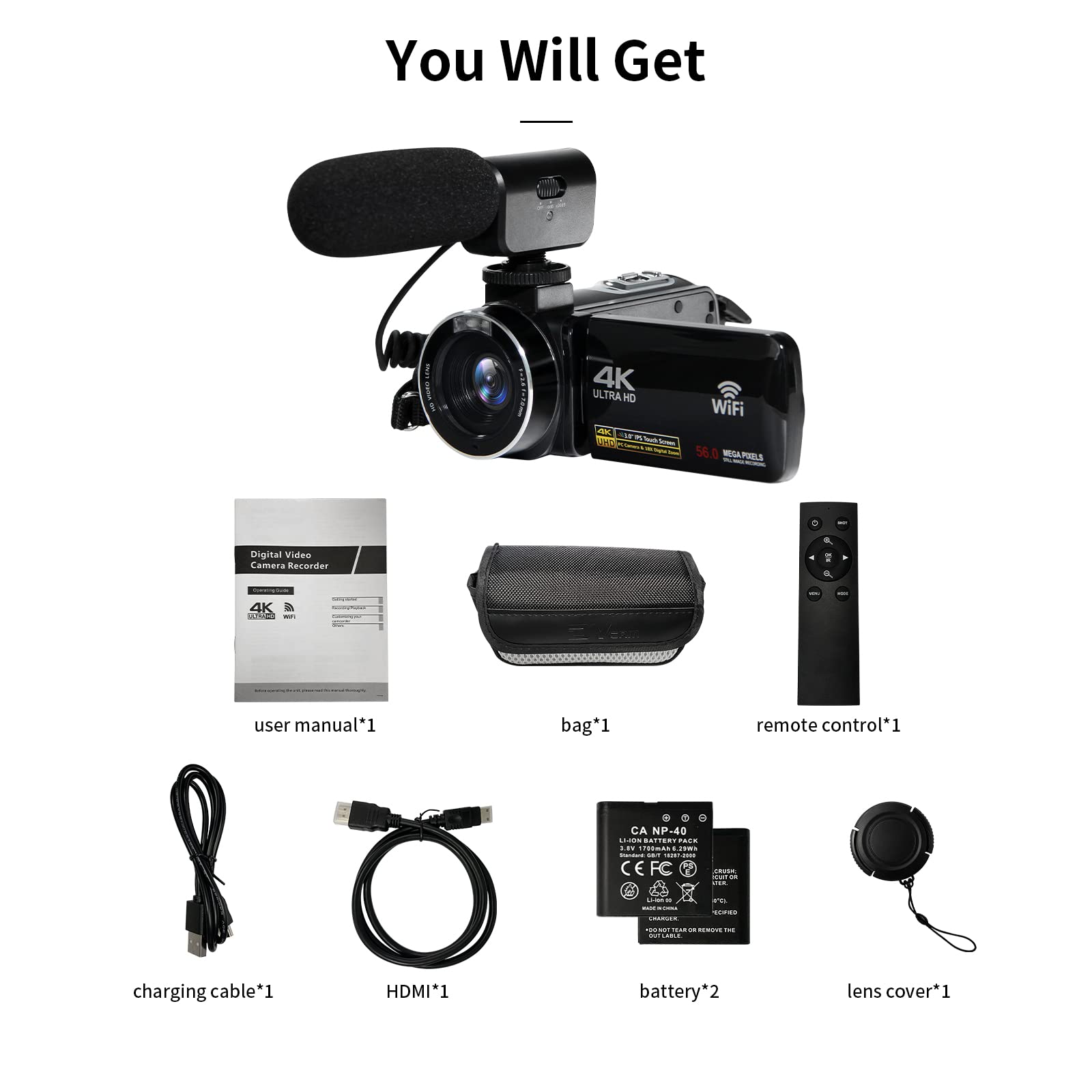 4K Video Camera Camcorder with Microphone, 56MP 18X Digital Zoom 3.0
