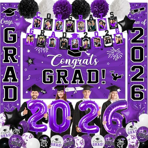 Image of 2026 Graduation Decorations, Purple Themed Class of 2026 Decorations Set, Congrats Grad Backdrop, Photo Banner, Door Banner, Balloons and Pom Poms Supplies for High School College Graduation Party