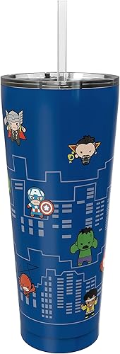 Zak Designs Marvel Avengers - Vaso de viaje de acero inoxidable aislado al vacío con tapa a prueba de salpicaduras, incluye popote de plástico