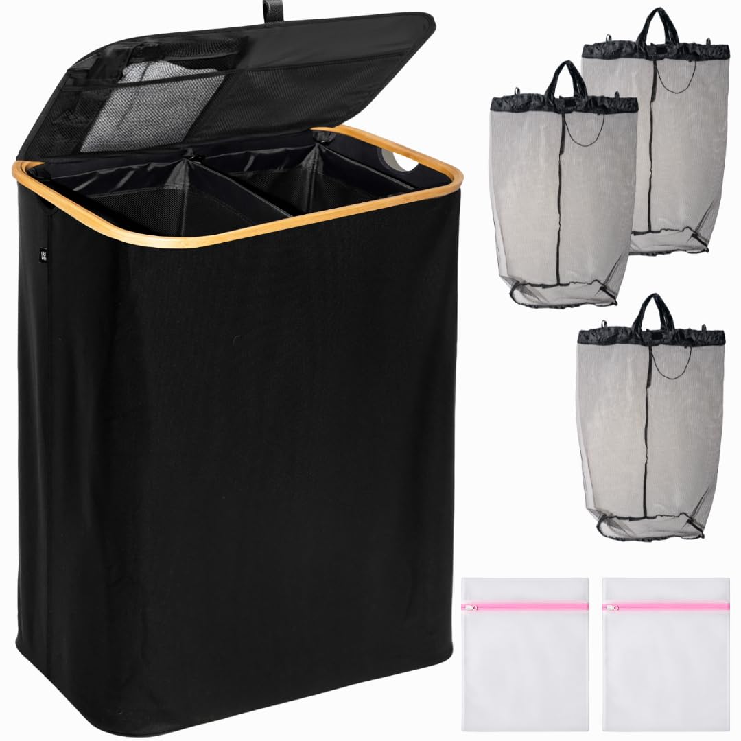 Wäschekorb schwarz 140L – Faltbar & mit Deckel – 2 Fächer + 3 Wäschesäcke & 2 Waschnetze – Aus Oxfordstoff 600D – Wäschesortierer & Wäschetruhe für Bad, Schlafzimmer & Haushalt