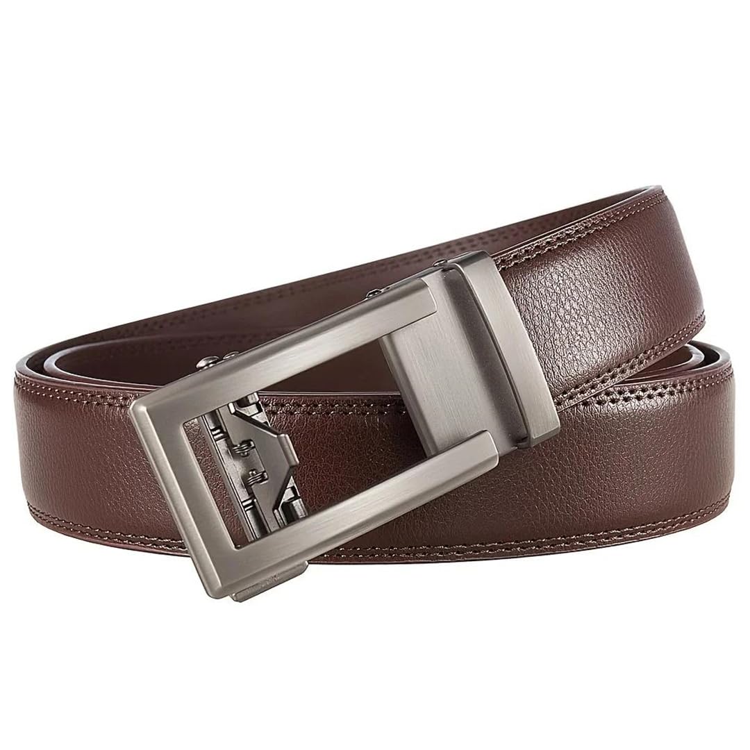 Yeuyyben Cinturón de trinquete de cuero genuino para hombre con hebilla automática de aleación, vintage, marrón, ajustable, para negocios, casual, ropa formal