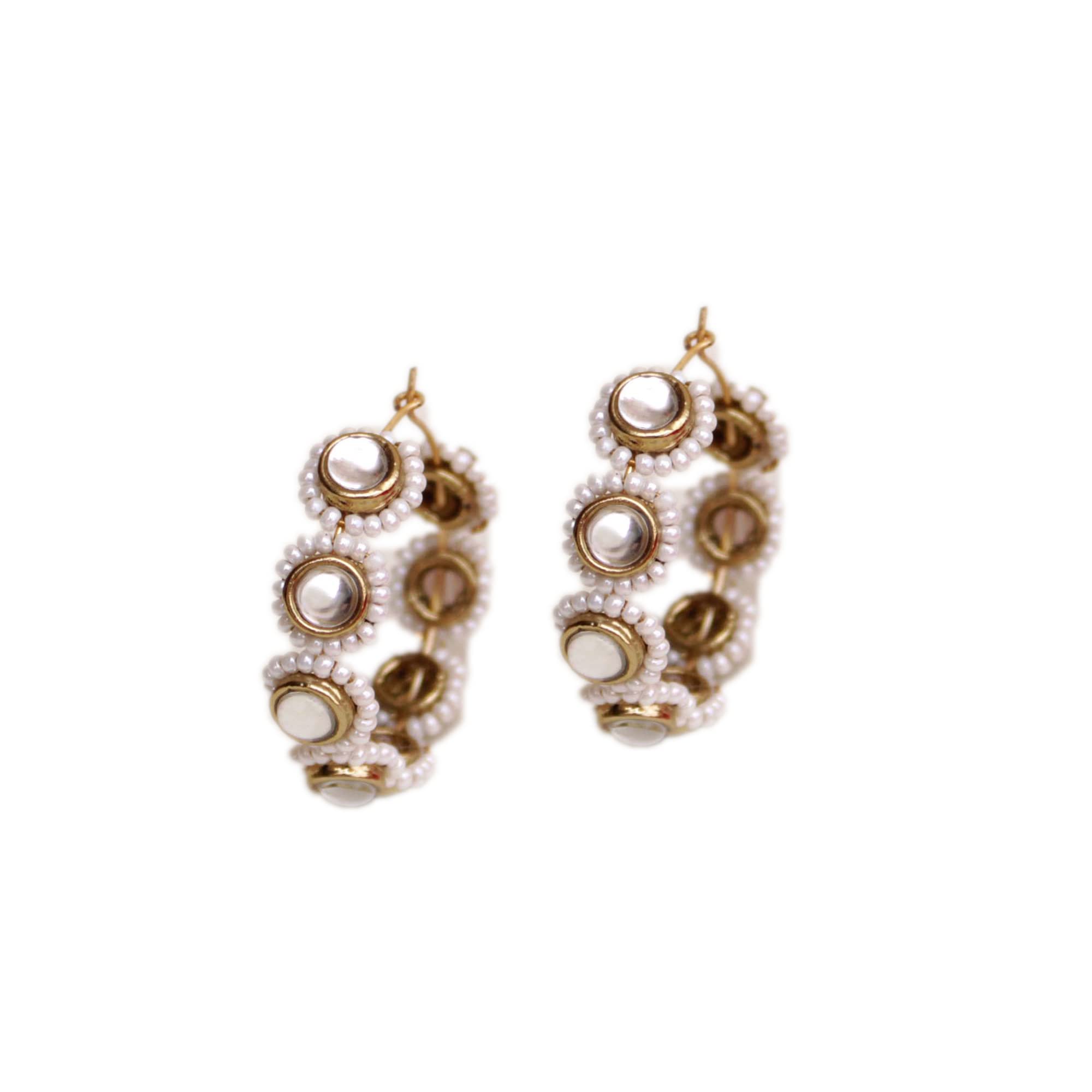 Abhika Craeation Colrful Hoops Earrings Handmade In Indian Designer Unique Kundan White Pearls Blue Pink Multi Colour Hoops Circle Earrings (White Beads Golden Kundan Hoops Earrings)