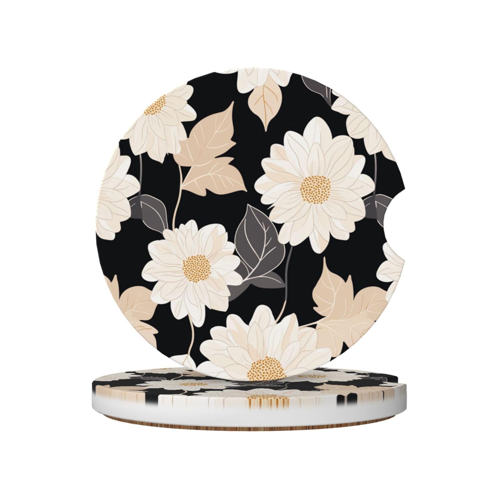 Dahlia Flowers Botanical Motifs Black Warm Beige Ceramic Coasters,2pcs