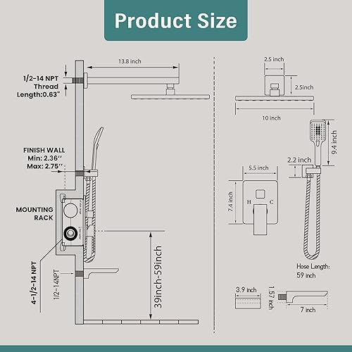 Miniatura 7 de Juego de sistema de ducha con válvula de equilibrio de presión, juego de grifo de ducha de 3 funciones, cabezal de ducha cuadrado de 10 pulgadas con