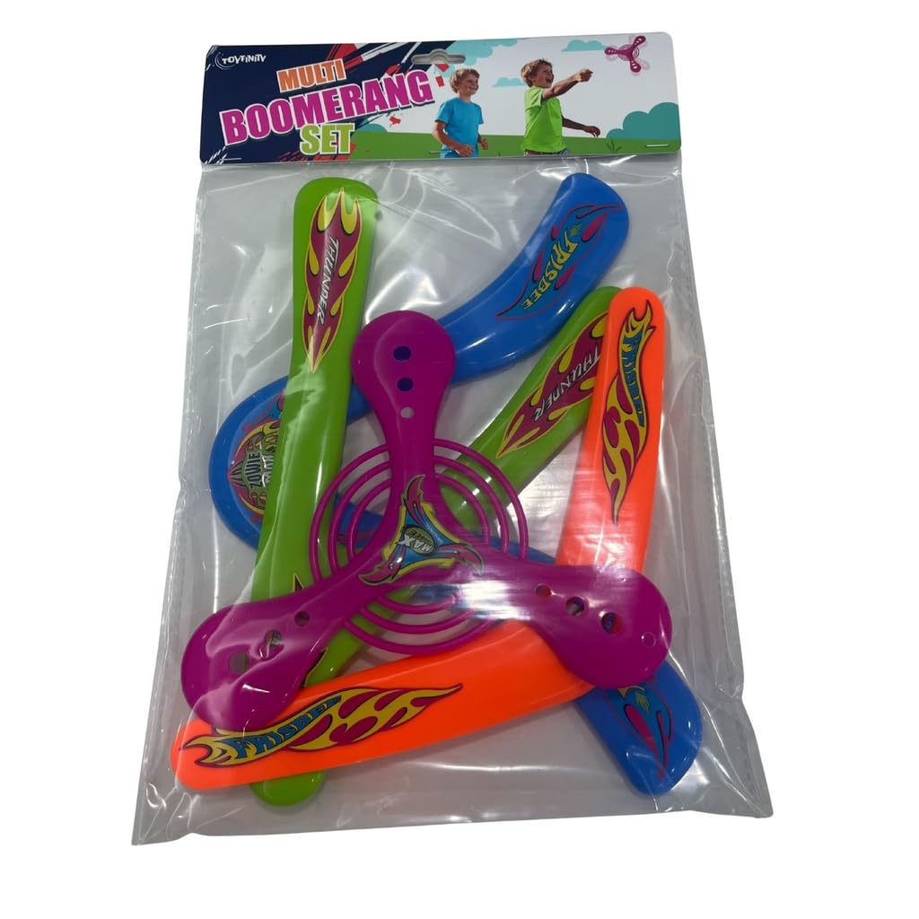 TOYFINITY Multi Boomerang Set, Pack of 4 Colourful Plastic Outdoor Throwing Toys for Kids and Family Garden, Park, Beach and Holiday Play, 25 x 14 x 2 cm