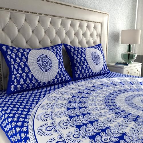 Image of LA VERNE 104 TC Cotton Double Bed Bedsheet Jaipuri Rajasthani Print Bedsheet with 2 Pillow Covers (White, Blue)