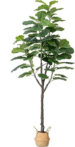 Árbol de higuera artificial de hoja de violín Planta de Ficus Lyrata falsa de 6 pies con 86 hojas de violín decorativas en maceta de plástico,