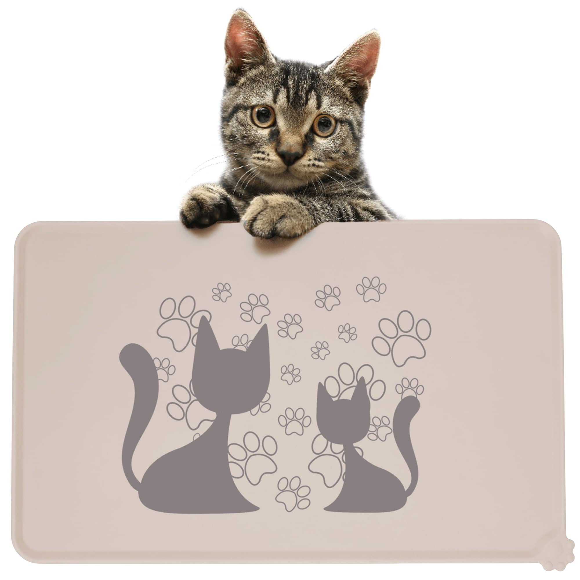 Dog Cat Food Mat Dog Bowl Mat Pet Waterproof Dog Cat Feeding Mat Silicone Non Slip Dog Mat For Bowls (Latte Cat) — image 1