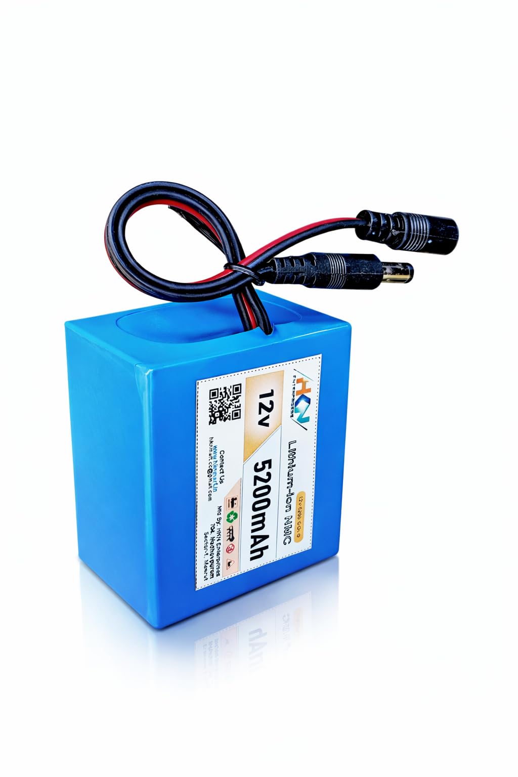 HKN 12V 5200mAh Rechargeable Lithium-ion Battery Pack with DC 5.5mm Male & Female Connector | Built-in BMS | for CCTV, LED Lights, Wi-Fi Router, DIY Projects