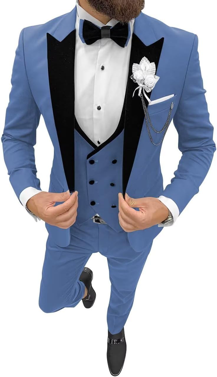 Mens 3 Piece Slim Fit Tuxedo Double Breasted Vest Men Elegant Formal Prom Wedding Suit with Bow Tie