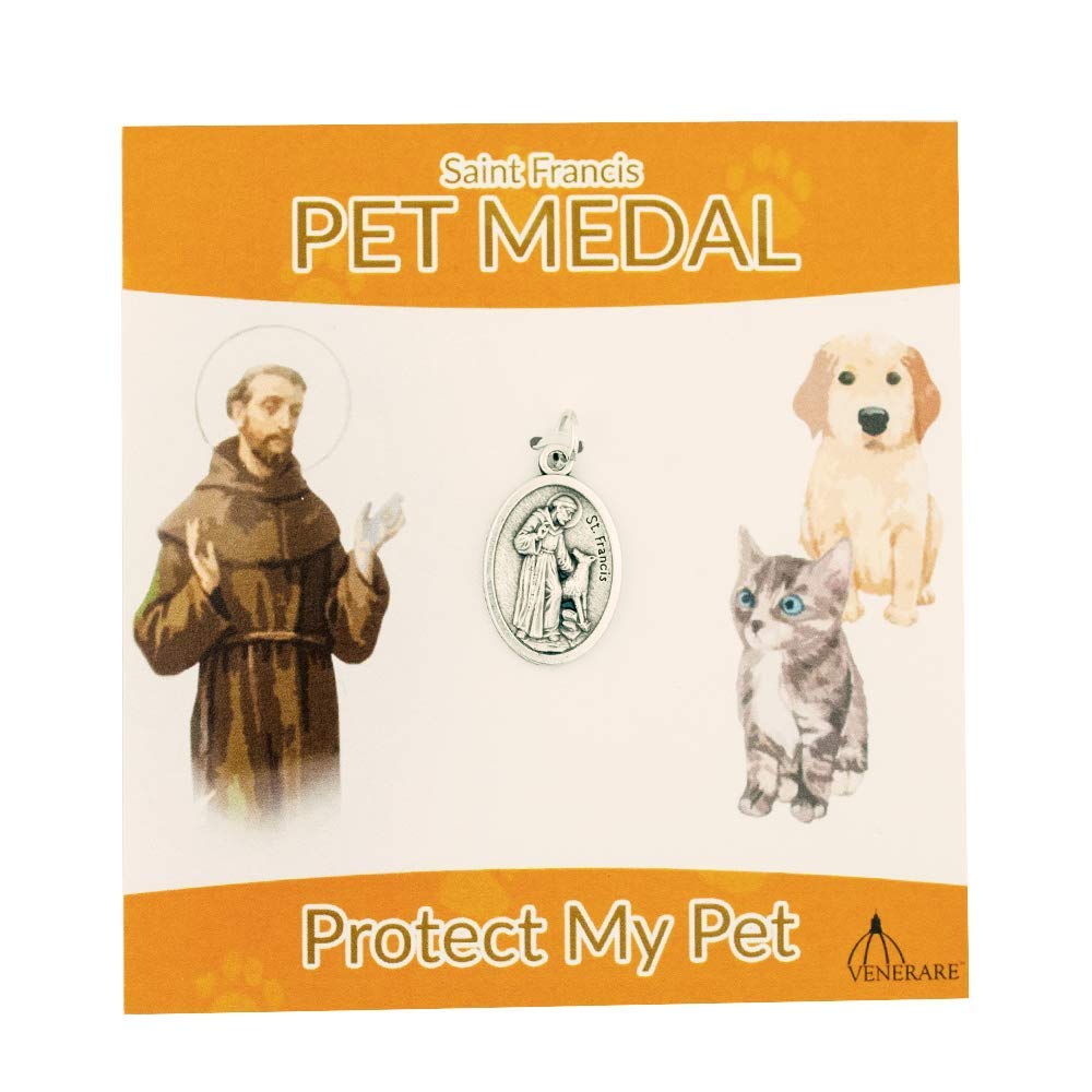 St. Francis Pet Medal | Small Oval Pet Collar Charm | A Great Gift for Pet Lovers | Comes with Different Colored Card | Christian Pet Goods (Orange Card)