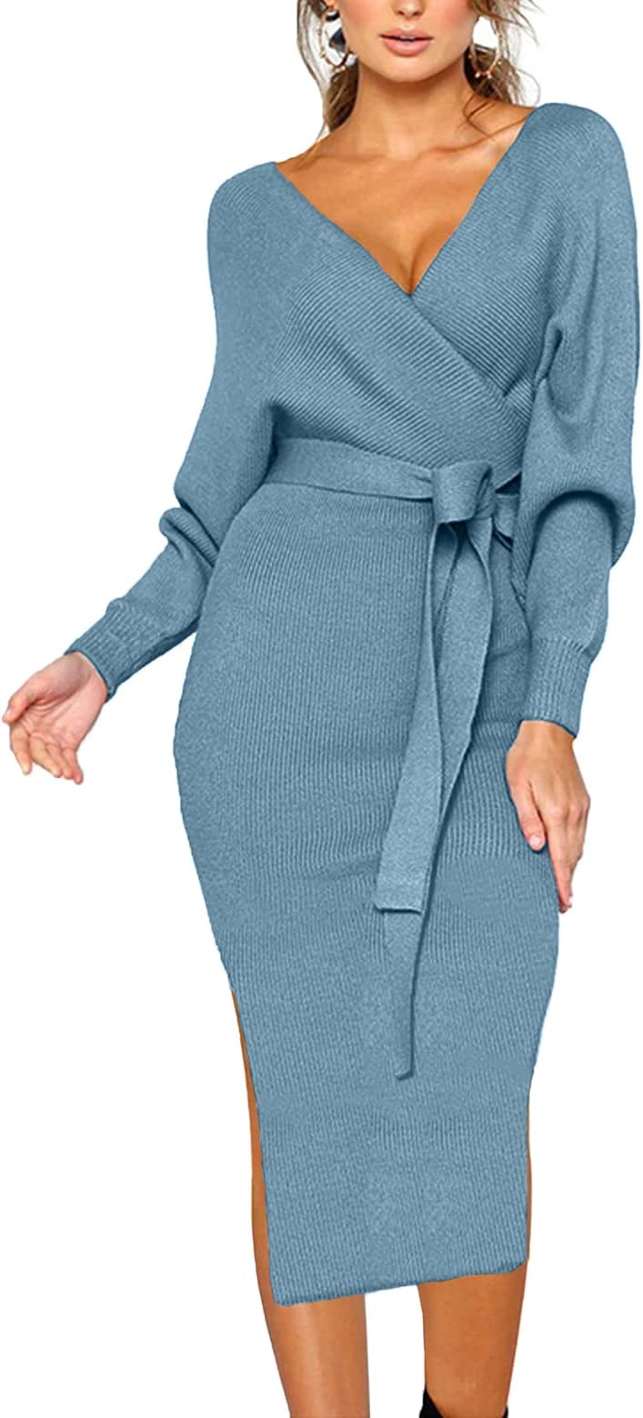 CHERFLYWomen's V Neck Sweater Dresses Batwing Long Sleeve Backless Bodycon Dress with Belt(02 Light Blue,S)