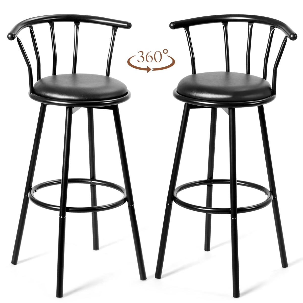 HOMASIS Set de 2 taburetes de Bar, Taburete de Bar Giratorio 360°, con Respaldo y reposapiés, sillas de Cocina en Estructura de Metal y Cuero, Taburete de Bistro Redondo para Bar, Restaurante, Negro