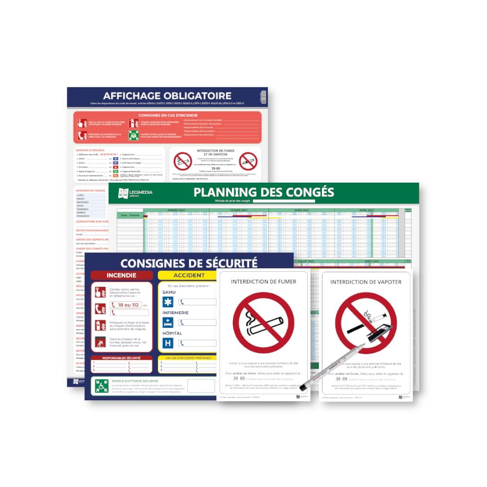 Pack Affichages Obligatoires 2025 – 5 Panneaux Plastifiés Effaçables + Stylo & Fixations – Fabriqué En France