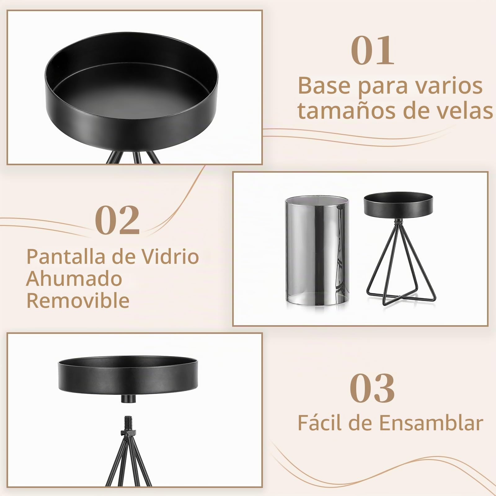 Sziqiqi Portavelas de Columna Negro Decoración: Candeleros Metal con Cilindro de Vidrio Gris Decoración Mesa - Moderno Portavelas de Velas Pequeñas Geométrico para Sala Chimenea Ventanales Exteriores