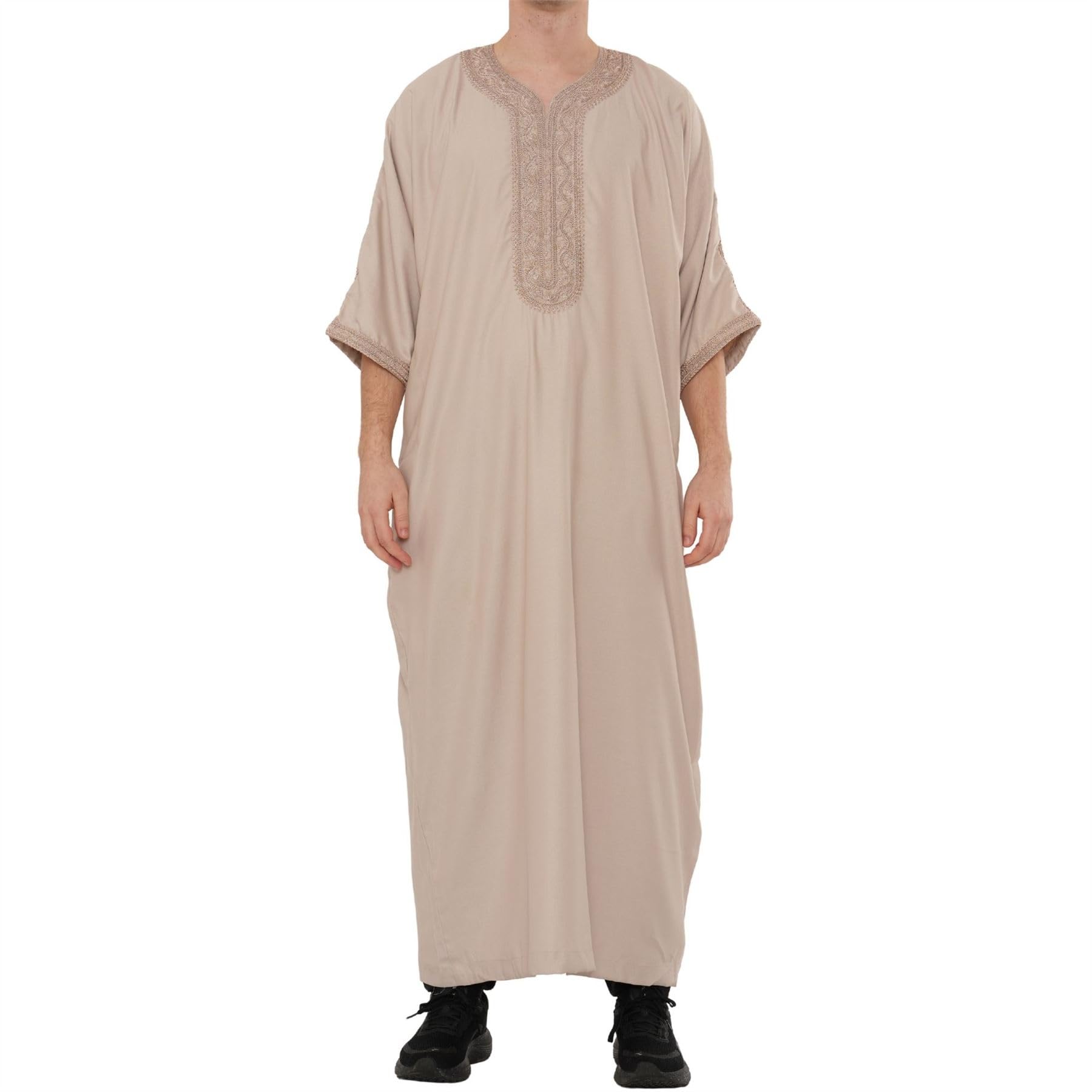 Men's Moroccan Thobe Half Sleeve Gandoura Embroidery Kaftan Eid Ramadan - Salmon 60