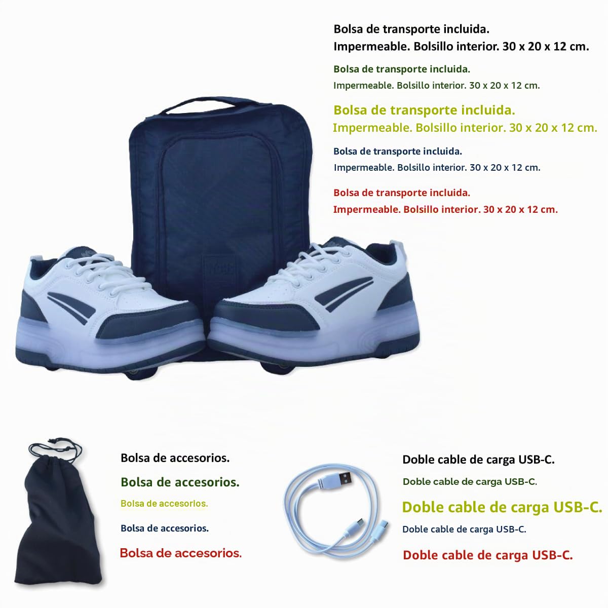 Zapatillas Deportivas con Dos Ruedas y Luces LED. Recargables, 16 Efectos de Luces. Rueda Trasera automática. Blanco/Azul Oscuro. Talla 35