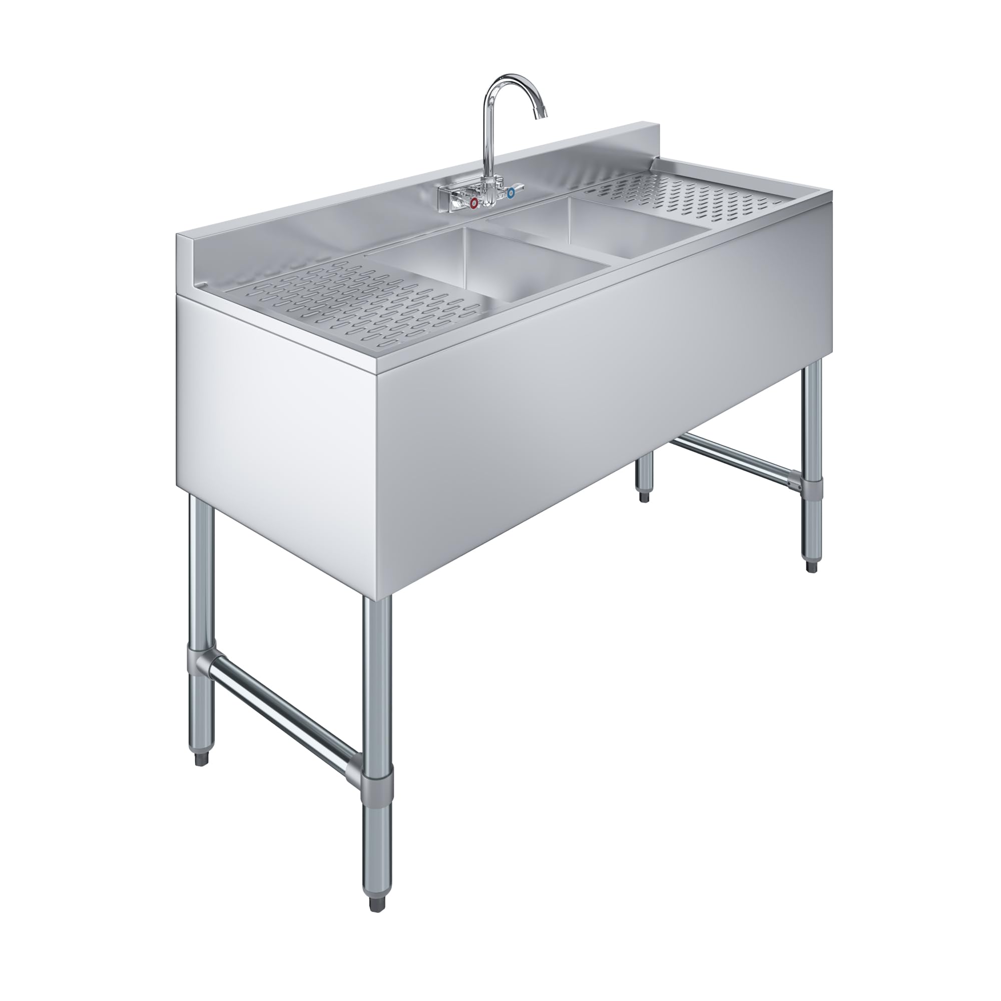 AmGood 48 in. x 19 in. 2-Compartment Underbar Bar Sink with Two 12 in. Drainboards, No Faucet - 10 in. x 14 in. x 10 in. Bowls, 18-Gauge 304 Stainless Steel, NSF Certified